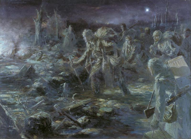 A painting shows soldiers in a snowy, war-torn landscape during World War I, reflecting fandom's interest in historical.